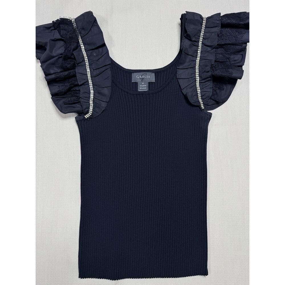 Gracia Rhinestone Lace Flutter Sleeve Ribbed Top Medium Black Style T34381